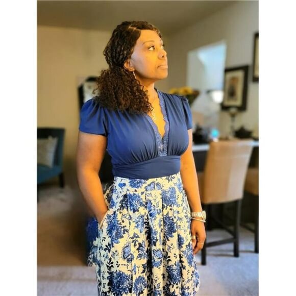 Womens Vintage Floral Pleated Midi Skirt High Waist A Line Skirt with Pockets - Picture 3 of 7